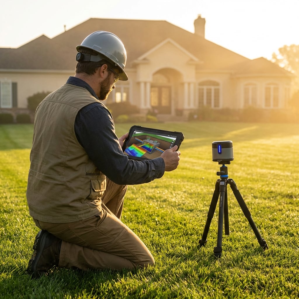 Environmental engineer conducting a sonar septic inspection on a luxury estate